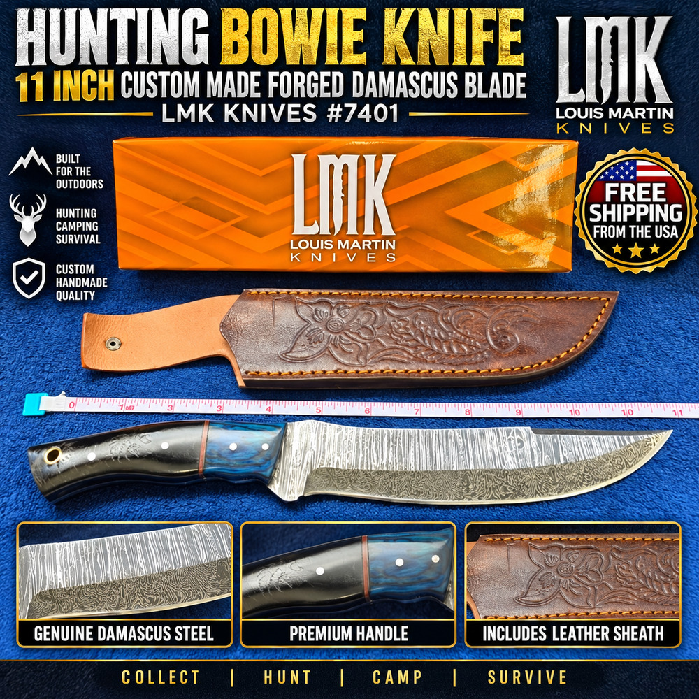 Hunting Bowie Knife 11 Inch, Custom Made Forged Damascus Blade LMK Knives #7401